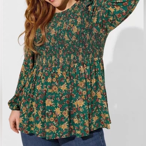 torrid Tops - Torrid Green Floral Babydoll Smocked Top Ruffle Accent